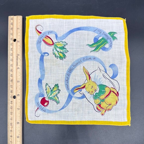 Vintage Childs Handkerchief Easter Bunny Veggies Mid Century Kitschy Hankie - Picture 7 of 8